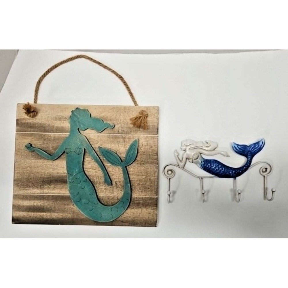 Mermaid Wall Decor Lot of 2 – Cast Iron Hook Rack & Rustic Wood Hanging Beach